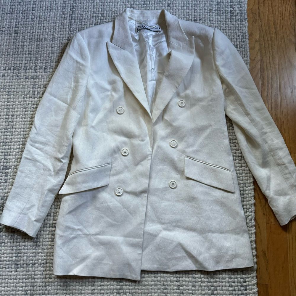 Zara White Linen Blend Pocket Blazer in Oyster White Medium